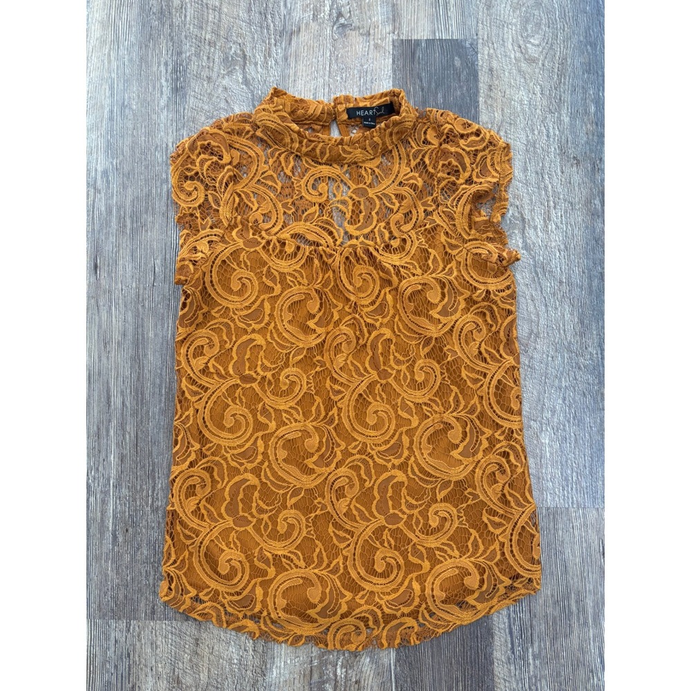 Heart‎ Soul Mustard Yellow Lace Mock Neck Sleeveless Top Blouse 11AE22438 Small